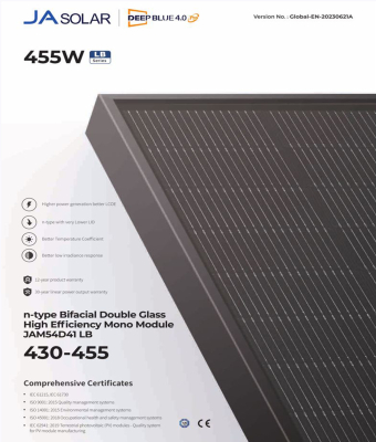 Solarpanel JA Solar Photovoltaik Modul Komplett Schwarz Doppelglas Bifacial N-Type 440W